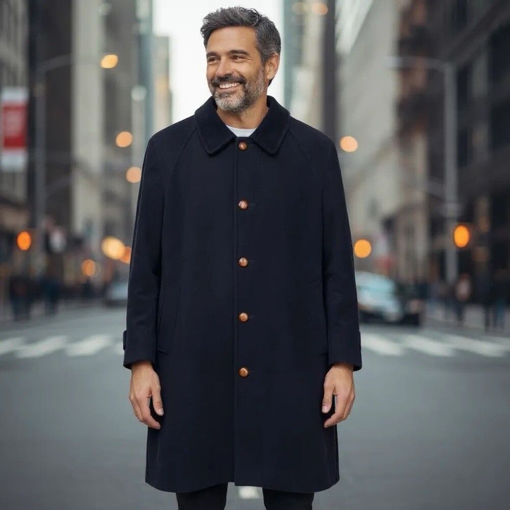 Brooksfield Wool Overcoat Navy Blue Classic Winter Coat Vintage 80s Italy Men 40